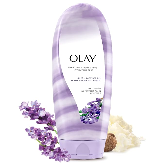 Olay Body Wash for Women, Moisture Ribbons Plus, Deep Conditioning & Moisturizing Formula, Long Lasting Smooth Soft Skin, For All Skin Types, Shea Butter & Lavender Oil Scent, 18 fl oz
