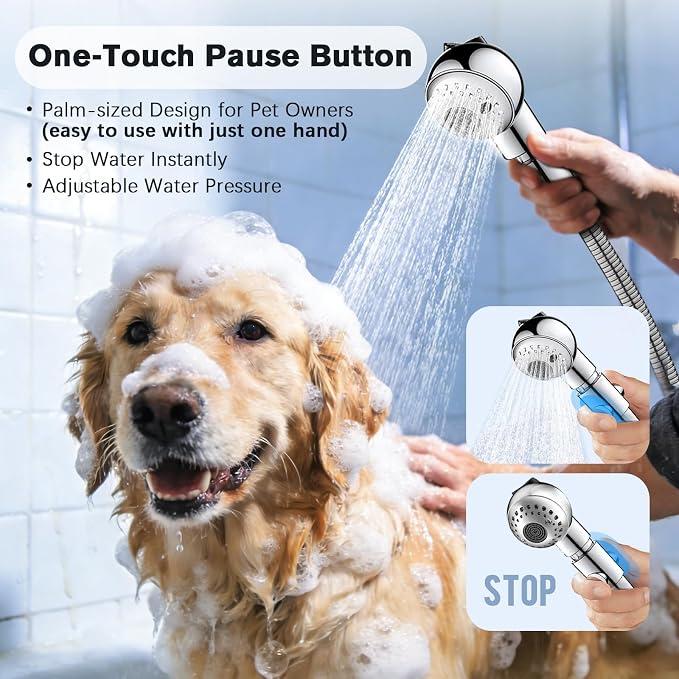 Quiet Dog Shower Attachment with One-Button Pause, 2-Mode Mini Pet Shower Head for Nervous Dog Bath& Dog Head, 98'' Long Hose, Palm-Size Design, Gentle Water Flow Perfect for Cat, Fits Shower Arm Only