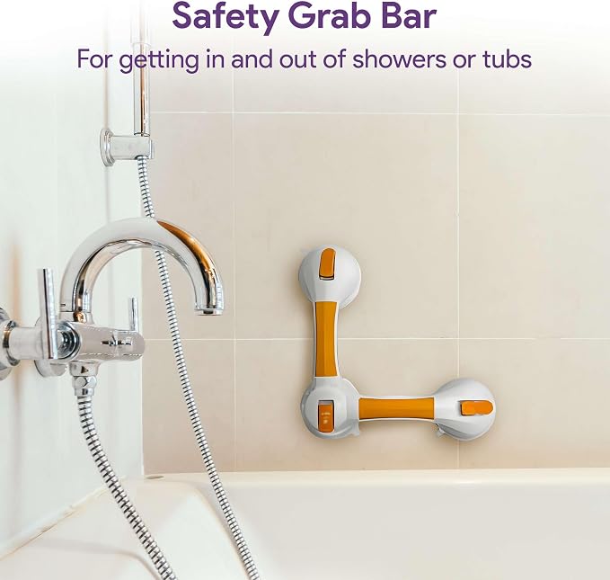 Rotating Suction Grab Bar for Shower and Bathtub - Tool Free Suction Cup Bath & Shower Handles with Color Coded Secure Locking Latches - Bathroom Wall Safety Grab Bars for Seniors and Elderly