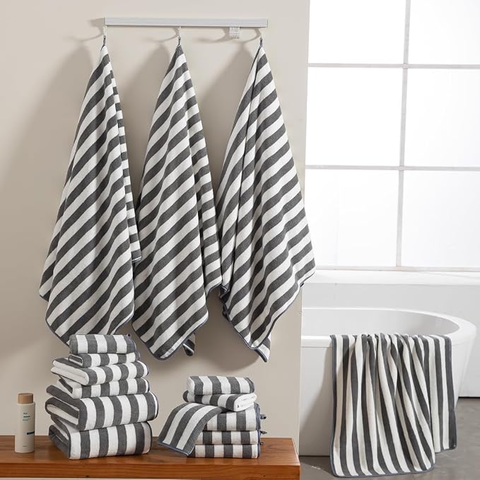 18 Pcs Gray Stripe Bath Towel Set with Hanging Loop-6 Bath Towels,6 Hand Towels,6 Washcloths Soft Family Towels Set Bathroom Towel Highly Absorbent Quick Dry Shower Towel for Beach Chair Spa Gym Hotel