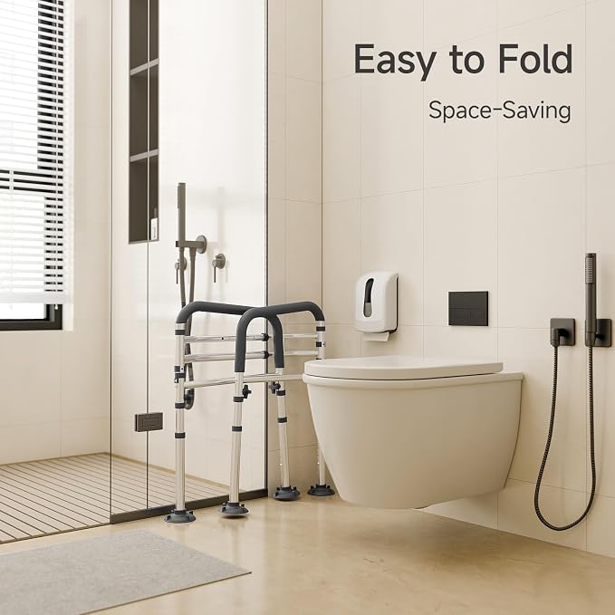 Loyoda Toilet Safety Frame for Seniors, Adjustable Toilet Safety Rail | Height& Width Adjustable, Padded Armrests, Foldable Aluminum Support Frame for Elderly, Disabled, Pregnant, 350 lb, Gray