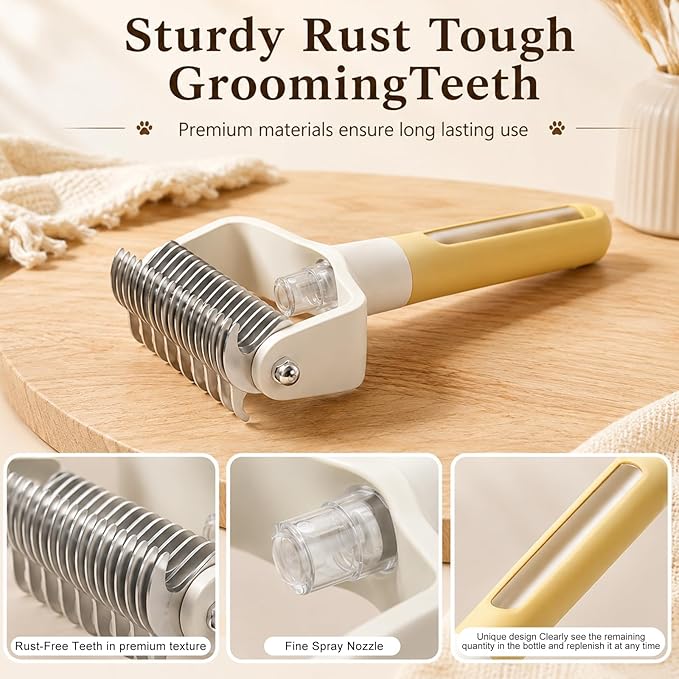 Dual-Sided Pet Grooming Comb,Double Sided Dematting Comb for Dogs & Cats, 2‑in‑1 Professional Pet Grooming Brush Deshedding Dog Brush with Spray Design (1PCS, Yellow)