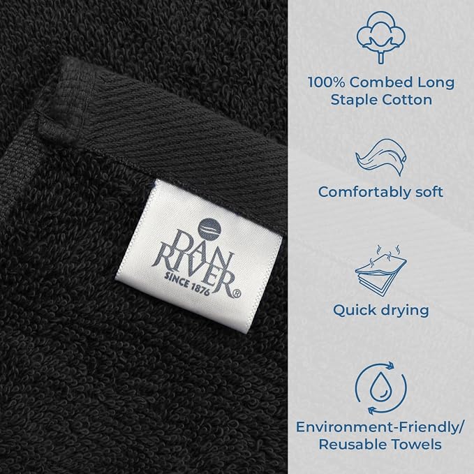 DAN RIVER Large Bath Towels Set of 4, 27 x 54 Inches, 600 GSM Larger & Lighter Weight Towels for Bathroom - Highly Absorbent & Quick Dry 100% Cotton Bath Towel Set for Home, Gym, Spa & Hotel - Black