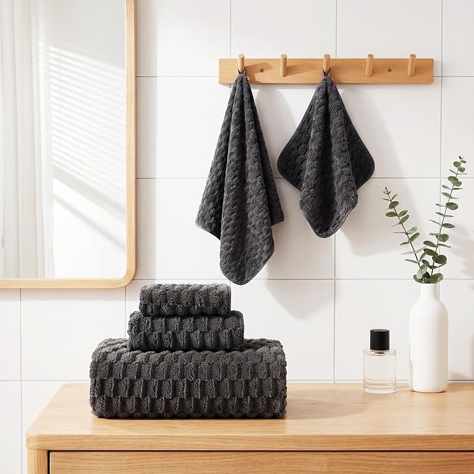 SmoothNovelty Set of 6 Extra Large Bath Towel 40x80 Inches Oversized Bath Sheet 2 Shower Towels 2 Hand Towels 2 Washcloths for Adult Absorbent Quick Dry Bathroom Spa Gym(Cloud Texture,Dark Grey)