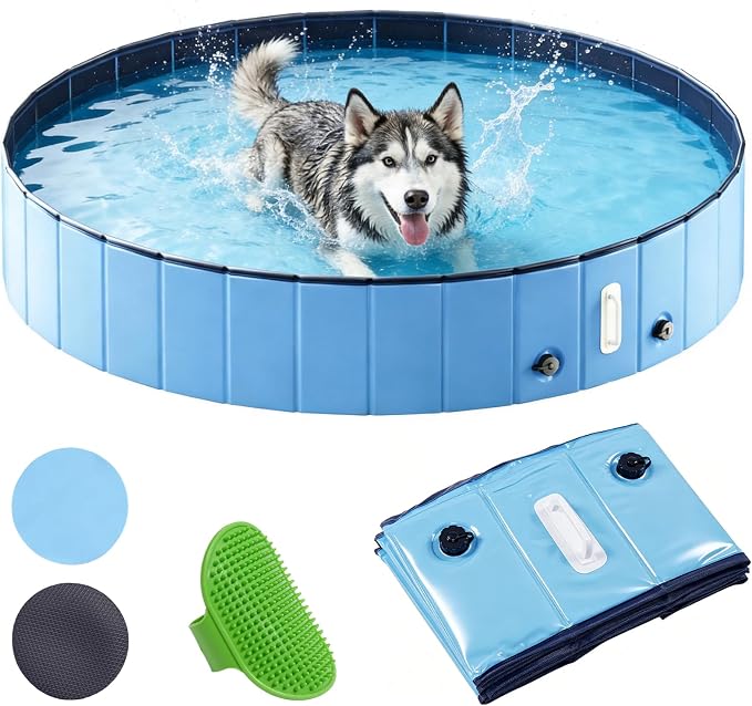 DEWEL Foldable Dog Pool for Large Dogs & Pets, Portable PVC Pet Bath Tub Swimming Pool with Dual Drain Outlets, Non-Slip Bottom, Indoor Outdoor Backyard Patio Swimming Bathing Play Pool
