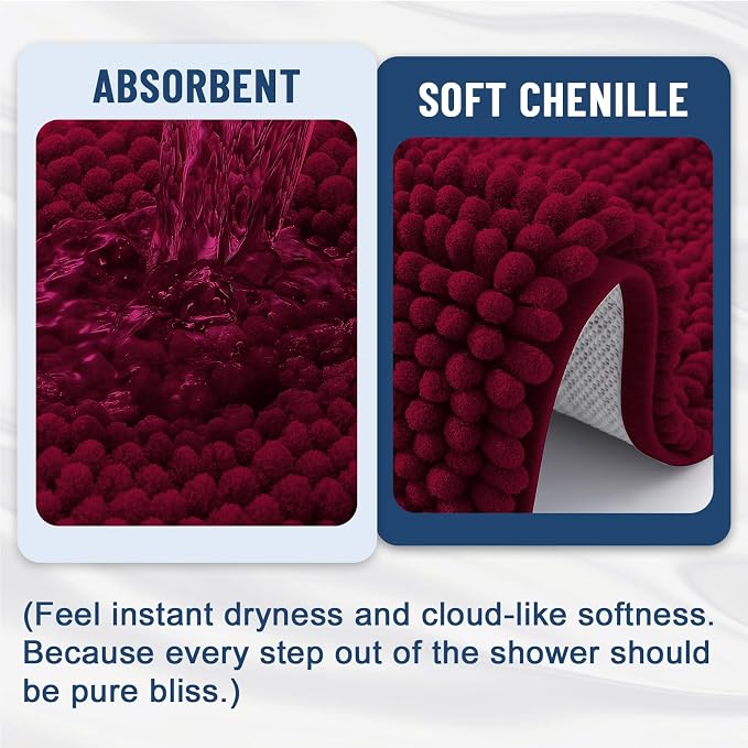 Grandaily Chenille Striped Bathroom Rugs 59x20, Extra Thick and Soft Absorbent Bath Mats, Rubber Backing, Plush Shaggy Shower Carpet, Machine Wash Dry, Bath Rug for Bathroom, Wine Red