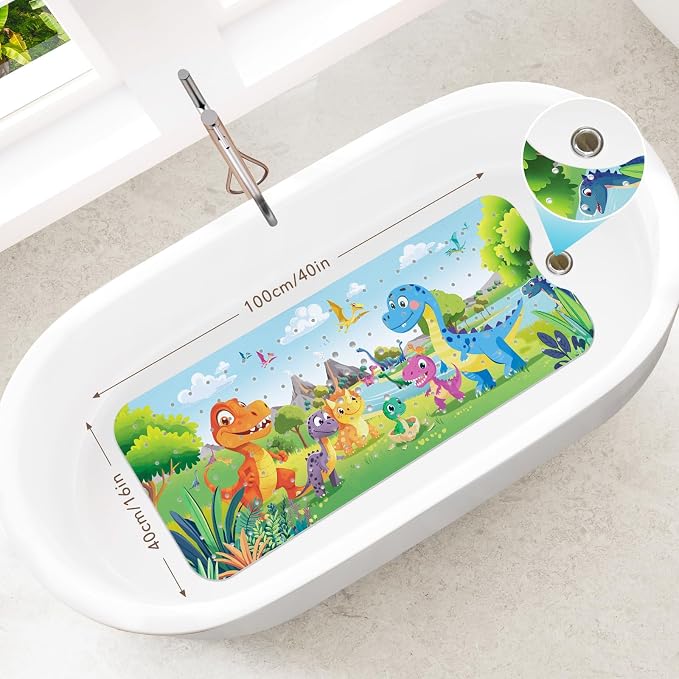 SHUCHING Baby Bath Mat for Tub Non Slip-40 X 16 Inch, Dinosaur | Bathtub Mat for Kids & Toddler Mold Free, Long Shower Mat for Inside Shower with Suction Cup, Machine Washable
