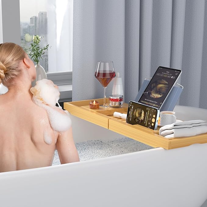 Sen Yi Bao Luxury Bamboo Bathtub Tray - Wooden Expandable Caddy with Book, Tablet, Wine Holder - Gift Idea