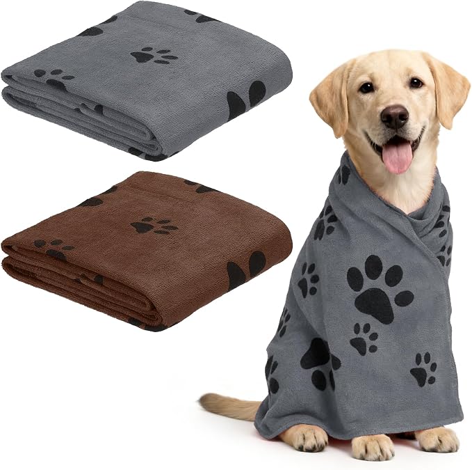 Microfiber Dog Towels for Drying Dogs, 40 x 20 Absorbent Soft Pet Grooming Towel Perfect Dog Shower & Bath Supplies Gray/Reddish Brown, 2 Pcs, Intended for Large/Medium/Small Dogs