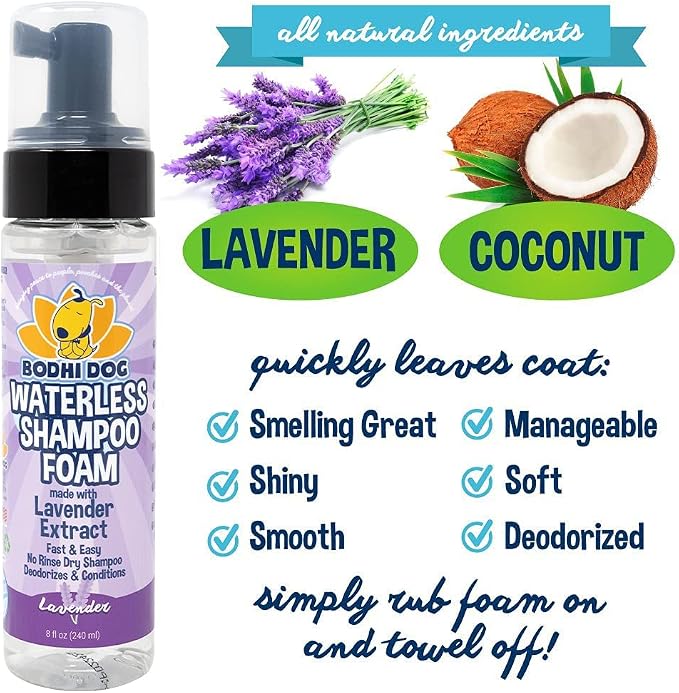 Bodhi Dog Waterless Foam Shampoo - Natural No Rinse Dry Shampoo for Dogs & Cats - Neutralizes Pet Odor - Gentle, Safe for Sensitive Skin - Made in USA - Lavender (8 Fl Oz)