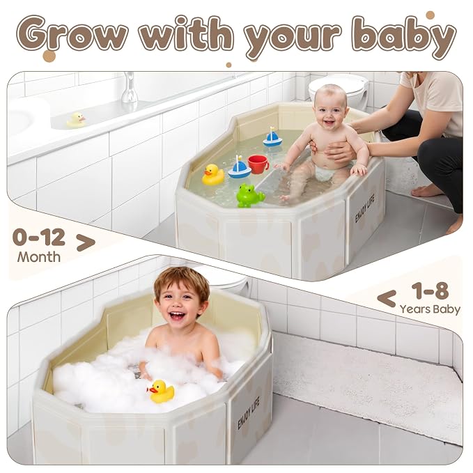 Foldable Baby Bath, Collapsible Baby Bathtub 3M-8Y, Portable Travel Baby Bath Tub with Non-Slip Base, Pop Up Folding Newborn Toddler Shower Tub, Space Saving, White