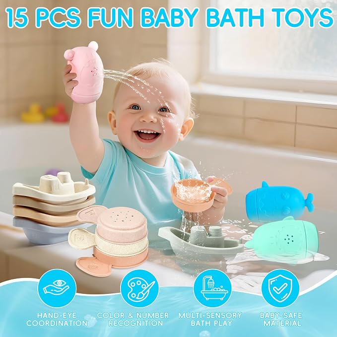 Baby Bath Toys for Kids Ages 1-3, 15PCS Mold Free Bath Toys Toddlers 2-4, Bathtub Pool Water Table Toys, Silicone Bath Toy and Floating Boats & Stacking Spoons for Babies 6-12 Months