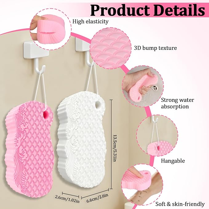 2Pcs Magic Exfoliating Bath Sponge, 3D Ultra-Soft Body Exfoliating Sponges, Deep Cleansing Dead Skin, Lanyard Bath Sponge for All Skin Types,Suitable for Both Men and Women (Pink+White)