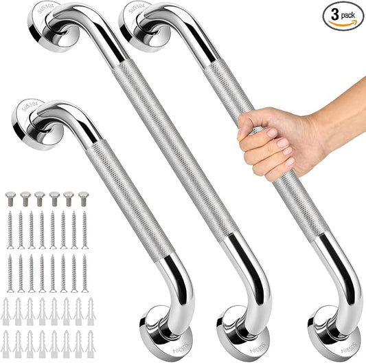 3 PCS Grab Bars for Seniors Bathroom, 16" and 12" Anti Slip Shower Safety Handle, Stainless Steel Shower Support Bar Holds up to 500LBs, Bath Assist Handles for Handicap Elderly Injury Pregnant