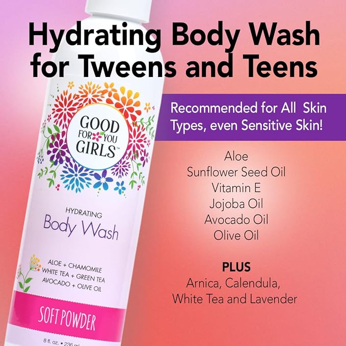 Good For You Girls Natural Body Wash with Aloe, Avocado & Jojoba Oils,Shower Gel Body Wash for Girls to Adults, Vegan and Paraben Free, Powder Scent (8 Fl oz)