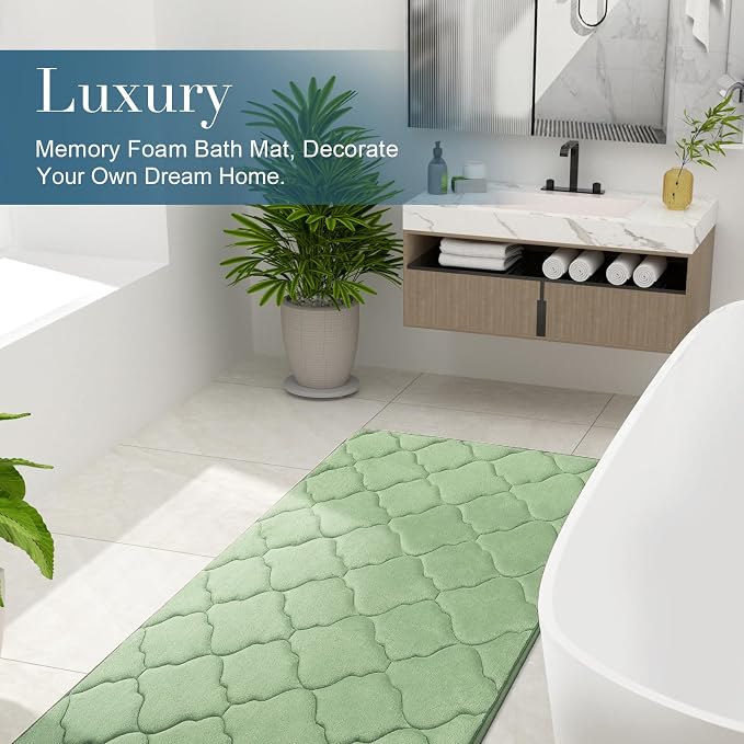 OLANLY Memory Foam Bath Mat Rug 47x32, Ultra Soft and Absorbent Bathroom Rugs, Non-Slip, Comfortable, Machine Washable Bath Carpet for Bathroom Floor, Tub Shower and Home Decor Accessories, Sage Green