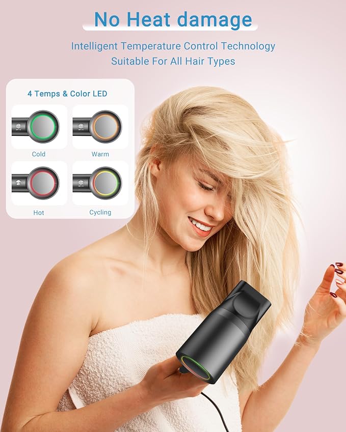 Hair Dryer, 160000 RPM Professional High Speed Ionic Blow Dryer • 500 Million Negative Ions • Intelligent Heat Control & Rapid Drying Speeds • Lightweight • Low Noise, Magnetic Diffuser & Nozzle