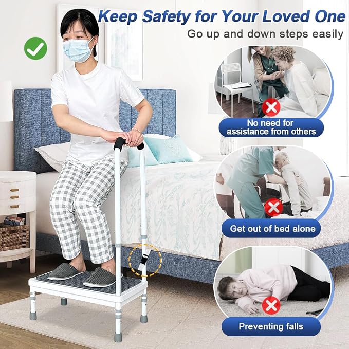 Step Stool with Handle for Elderly, Bathtub Steps Seniors Medical Safety Handicap Foot Stool, Shower Tub Helper Stepping Heavy Duty 400lbs, Adjustable Metal Bath Platform with Handrail Non Slip