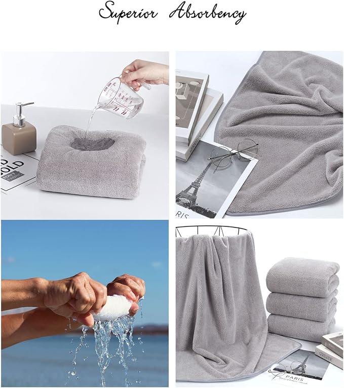 Lumimi Towels 4 Piece Soft Microfiber Bath Towel Set Salon Gym Yoga Travel Incredibly Absorbent Lightweight Quick Dry and Durable, 55" L x 27" W, 4 Pack Light Grey