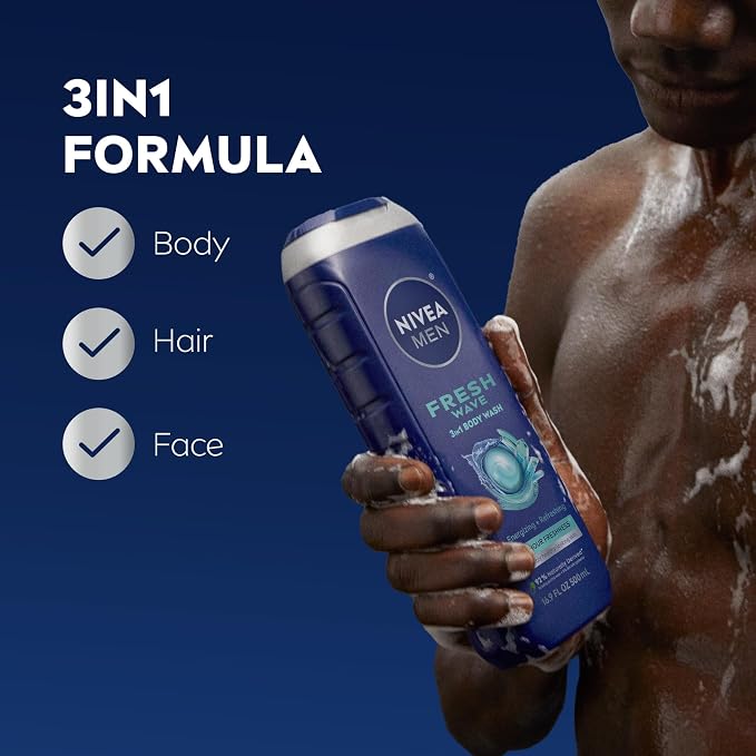 NIVEA MEN Fresh Wave Body Wash with Menthol, Refreshing Scent, 3-in-1 Men's Body Wash, Face and Hair, Paraben Free, Vegan Formula, 16.9 Fl Oz Bottle, Pack of 3