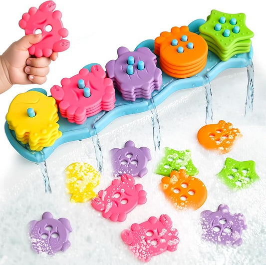 Mold Free Bath Toys for Kids Ages 1-3 Silicone Ocean Shape Sorters Bath Toy | 21 Color Floats Sorting Stacking Baby Bath Toys Toddlers 2-4 Early Learning Toys Gifts for1 2 3 4 Year Old Girls & Boys