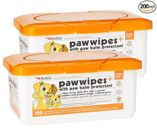 Petkin Paw Wipes Plus, 200 Orange Scented Wipes, 2 Pack - Absorbent Pet Paw Wipes Remove Daily Dirt & Odors - Enriched with Paw Balm Protectant -Easy to Use Pet Wipes for Dogs, Cats, Puppies & Kittens