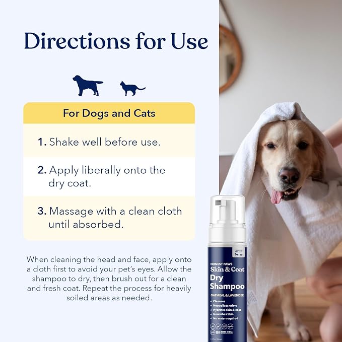 Honest Paws Dog Dry Shampoo - Waterless No Rinse Foaming Formula Reducing Itch Cleanse Hydrate Nourish Dry Skin and Smelly Coat Help Decrease Odor Shedding and Allergies - Oatmeal & Lavender - 6.3 oz