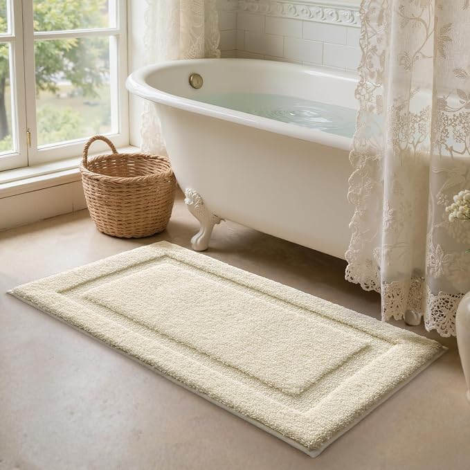 LUMI Ultra Soft Bathroom Rugs Non Slip with Rubber Backing, Absorbent Washable Bath Mat Quick Dry, Upgraded Premium Microfiber Plush Carpet for Bathtub and Shower Floor, Ivory White, 24x60