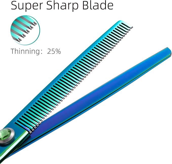 7'' Green Thinning Dog Grooming Scissors Pet Shears with Ergonomic Offest Handle and Simulated Emerald Screw 440C Grooming Scissors Trimming Shears Durable and Sharp