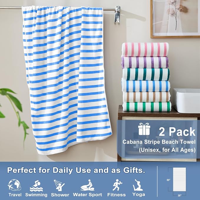 JML Microfiber Beach Towels Cabana Stripe, 2 Pack, 30" x 60", Quick Drying Bath Towel Set for Adult, Absorbent, Use for Travel, Sport, Swimming, Pool, Yoga, Camping, Micro Fiber StripeBlue