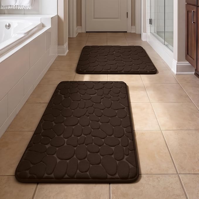 YIHOUSE Bathroom Rugs Mat Set, Memory Foam Bath Mat 2 Piece Brown | 17x24&20x32, Non Slip, Water Absorbent, Washable, Bath Mat For Bathroom, Sink and Toilet