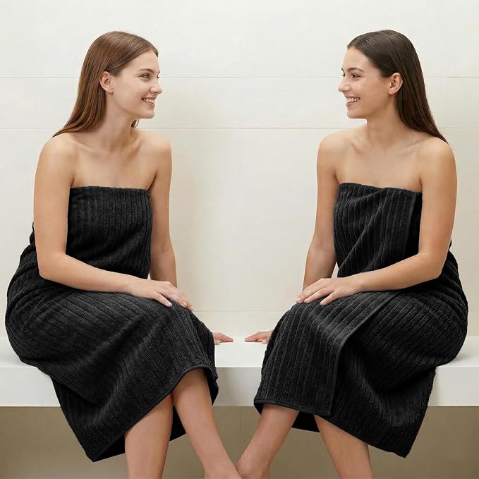 RIVERSIDE Pack of 2 Extra Large Bath Sheet Towels, 35 x 70 Inches, 600 GSM, Ribbed Stripe, 100% Cotton - Super Soft, Highly Absorbent & Quick Dry for Bathroom, Spa & Hotel, Black
