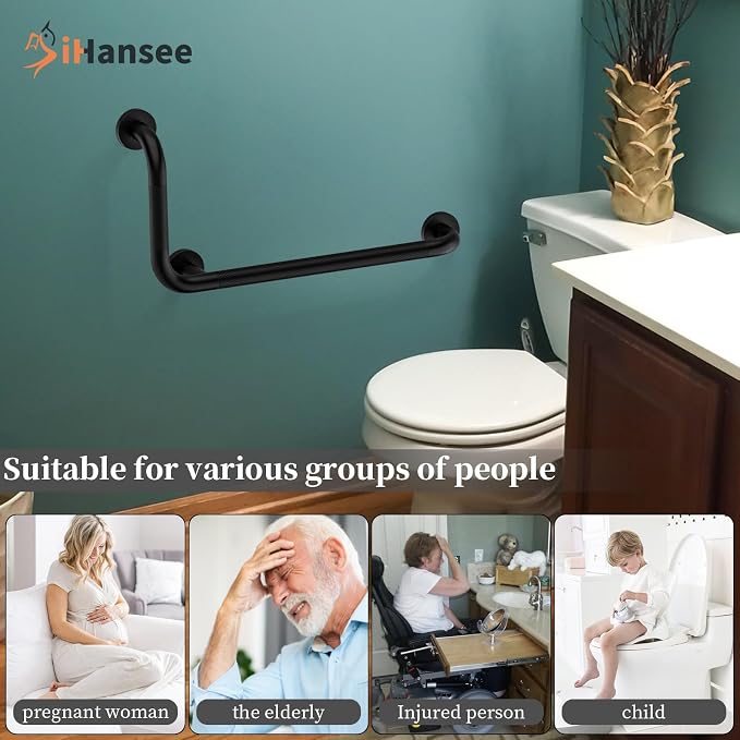 L-Shaped Angled Grab Bar 12x24 Inch Matte Black Anti-slip Knurled Shower Handles Wall Mount, 1.25" Diameter Shower Bars for Seniors Injured Balance Support, Handicap Grab Bars for Bathtubs and Showers