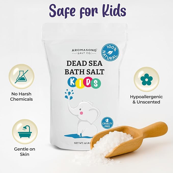 Aromasong Dead Sea Salt for Kids Bath Soak, 19 Lbs. Fine Grain Large Bulk resealable Pack, 100% Pure & Natural