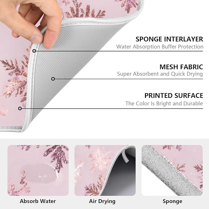 Rose Gold Snowflake Dish Drying Mat, Absorbent Drainer Mats for Kitchen Counter Coffee Maker 24"x18"