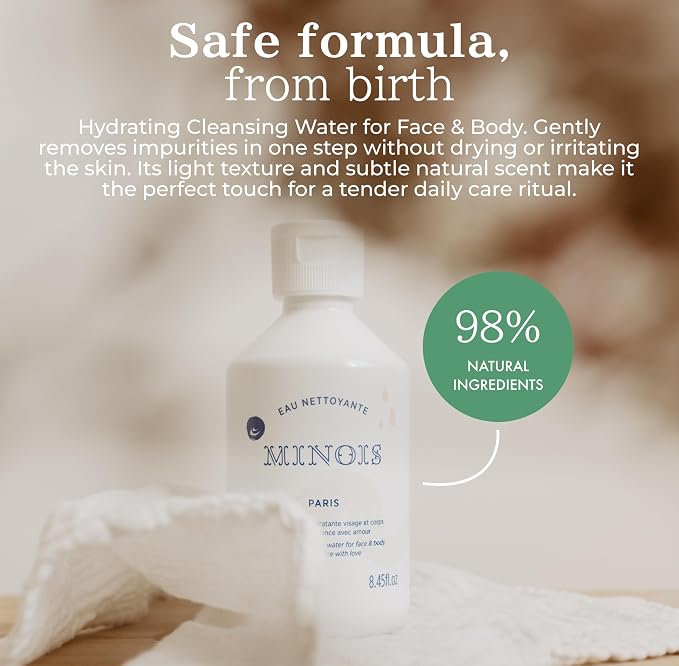 MINOIS PARIS Micellar Cleansing Water for Babies | No-Rinse Hydrating Face & Body Wash | Baby Essential with Natural Ingredients | Gentle Skin Care Made in France | 8.45 fl oz