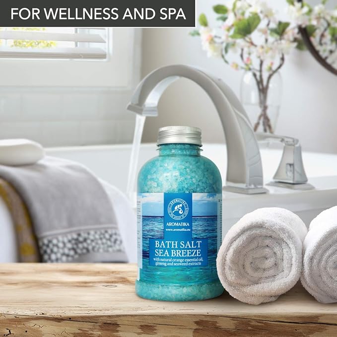 Bath Salt Sea Breeze 21.16 Oz with Natural Essential Oils Orange & Ginseng & Seaweed - Best for Good Sleep - Relaxing - Calming - Body Care - Beauty - Aromatherapy