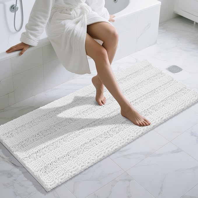 Yimobra Bathroom Runner Rugs 60"x24", Non Slip and Absorbent Bath Mat, Super Soft Water Absorbent Hallway Carpet, Machine Washable Rug for Vanity Tub Shower, White