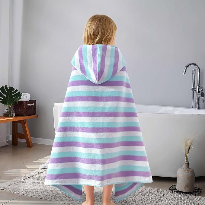 VOOVA & MOVAS Kids Hooded Bath Towels(3-6Years),Absorbent Quick Dry Lightweight Hooded Cotton Towel for Pool | Swim | Beach | Bath, Boys Wrap Towel with Hood, Aqua Purple Stripe