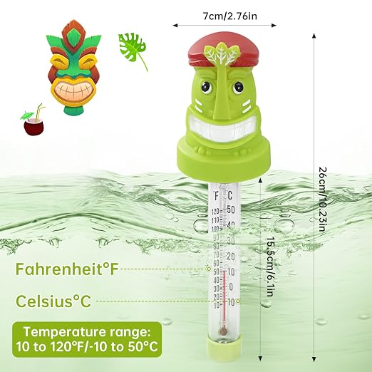 Floating Pool Thermometer, Large Display with String Easy to Read, Shatter Resistant, Water Temperature Thermometer for Outdoor & Indoor Swimming Pools, Spas, Hot Tubs, Aquariums(Tiki)