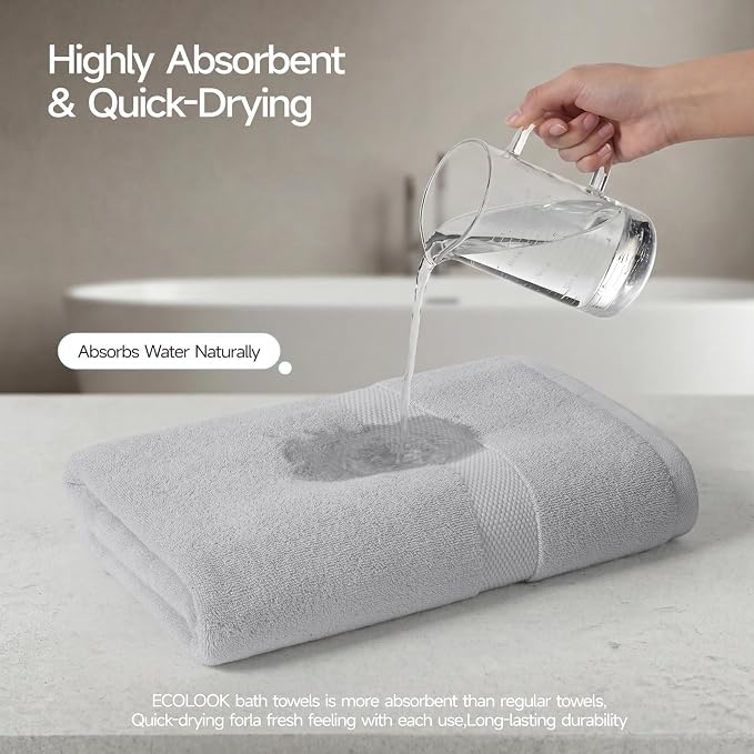 ecolook 2 Pack 100% Cotton Bath Towels, 28 x 55 Inches, Soft | Lightweight, Highly Absorbent & Quick Dry Body Towels for Bathroom, Shower, Gym & Daily Use, Light Gray