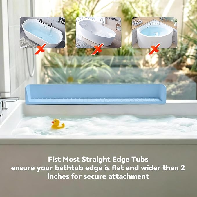 Bathtub Splash Guard with Suction Cups, Silicone Bath Tub Side Tray, Toy Holder Shelf for Bathroom Storage and Water Spill Prevention (Blue)