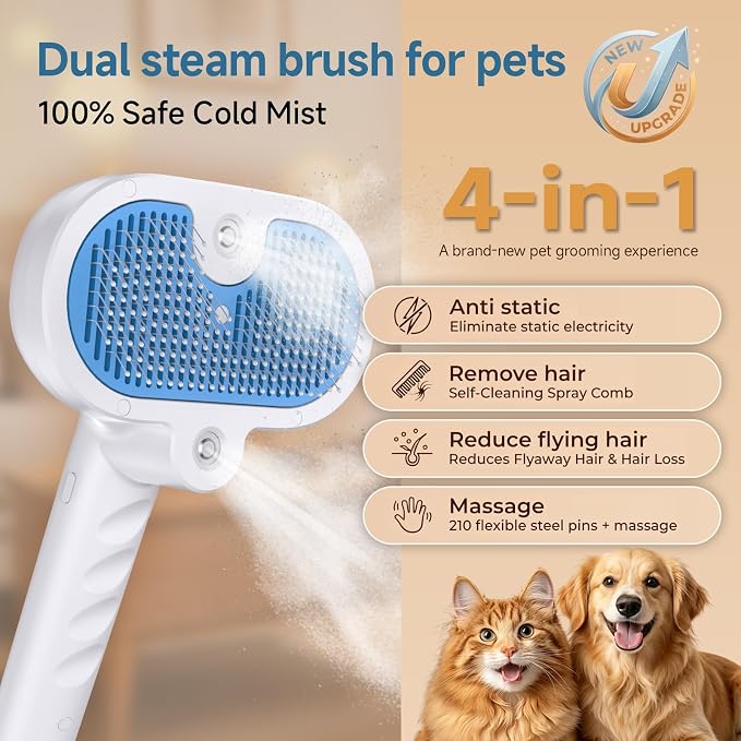 Pet Steam Brush for Dogs & Cats with Dual Cool Mist Spray | Cat Brush for Shedding, Self-Cleaning Grooming Tool, Hair Remover, Anti-Static, Skin-Safe for Long-Haired Dogs & Cats