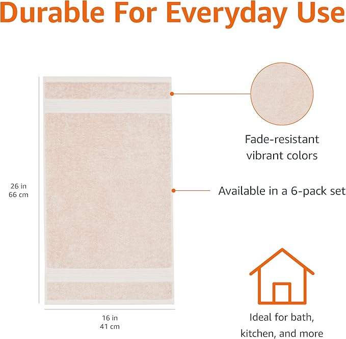 Amazon Basics Fade-Resistant 100% Cotton Hand Towel, 16"x26", Blush Pink, 6-Pack