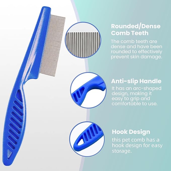 MEDUWEDU 5 Pack Flea & Lice Comb Set for Cats, Dogs & Kids – Stainless Steel Fine Tooth Nit Comb Kit with Double-Sided Tear Stain Remover, Grooming Brush & Peine para Piojos for Thick Hair (Blue)