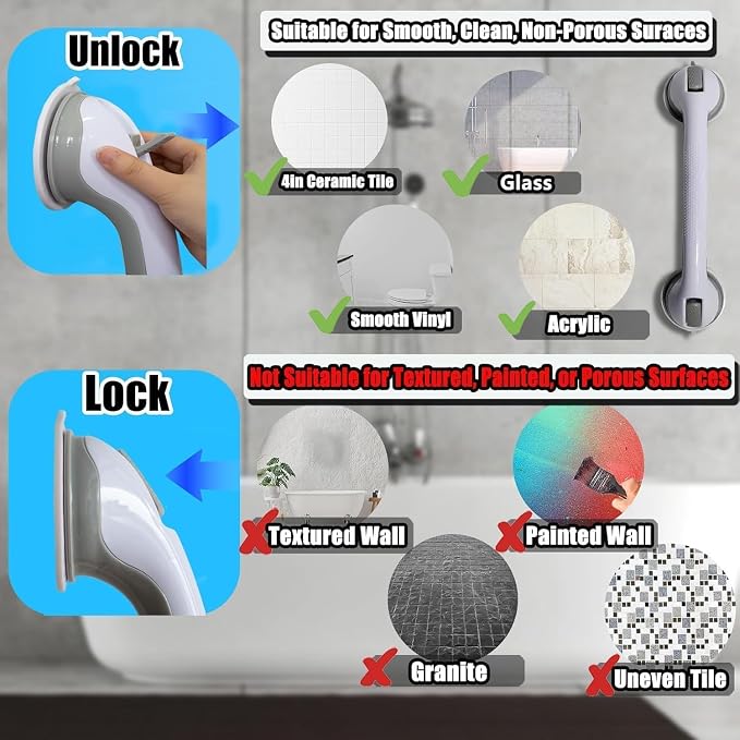 Shower Grab Bars for Seniors, Shower Handles for Elderly Suction Cup,2 Pack 16.08 Inch,Handicap Grab Bars for Bathtubs and Showers Wall, Bathroom Safety for Showers Walls Heavy Duty, No Drillin,Grey