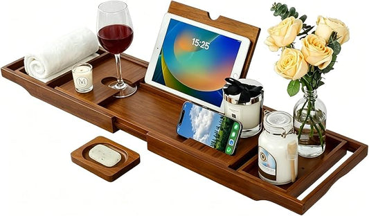 Expandable Solid Teak Wood Bathtub Caddy Tray, Adjustable Bath Tub Organizer for Bathroom Spa, Luxury Bath Accessories (Dark Natural Teak, Non‑Foldable Structure)