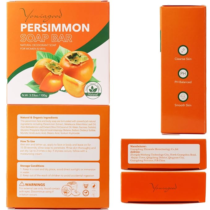 yoniagood 3 PCS Persimmon Soap Bar for Body Odor Control, Natural Refreshing Body Bar Soap for Old People Smell, Organic Deep Cleaning Body Face Wash Soap for Women & Men All Skin Types