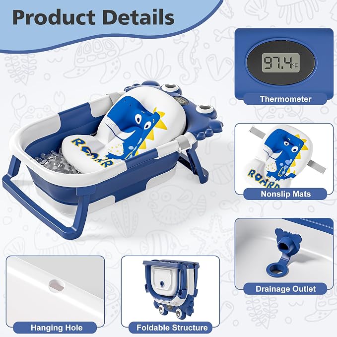 Collapsible Baby Bathtub for Newborns with Thermometer and Soft Floating Cushion Portable and Foldable Travel Baby Boy Bath Tub for Infants to Toddler 0-36 Month (Navyblue)