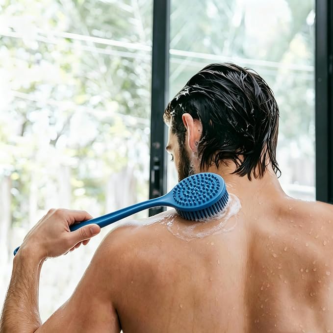 Silicone Back Scrubber for Shower, 17in Lengthen Long Handle Body Brush, Double Sided Shower Brush for Shower Exfoliating and Massage,Includes 2 Hooks (Blue)